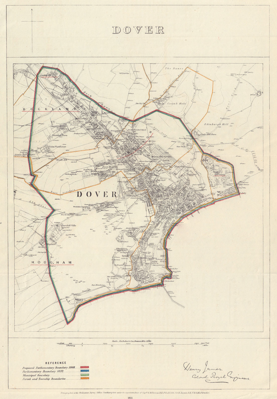 Dover, Kent. JAMES. PARLIAMENTARY BOUNDARY COMMISSION 1868 old antique map